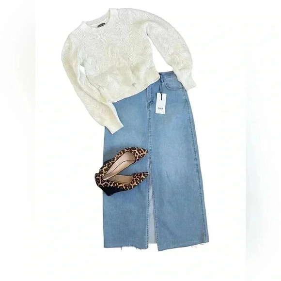 OAK New York Front Slit Denim Midi Skirt Size 4/27 NWT Raw Hem High Waist - Picture 6 of 10